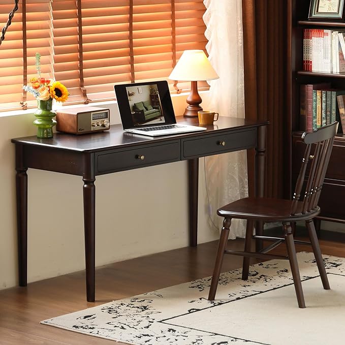 Home Office Desk, Solid Wood Computer Desk, Vintage Mid-Century Modern Writing Desk with for Study Work 55.11" W