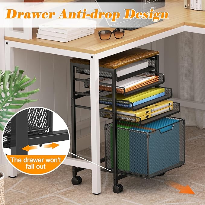 Feyejade Rolling File Cart 5-Tier, Under Desk Storage with Drawers, Filing Cabinet for Letter-Size File Storage, Sliding Metal Mesh Trays for Binder Storage, Office Storage & Organization for Teachers