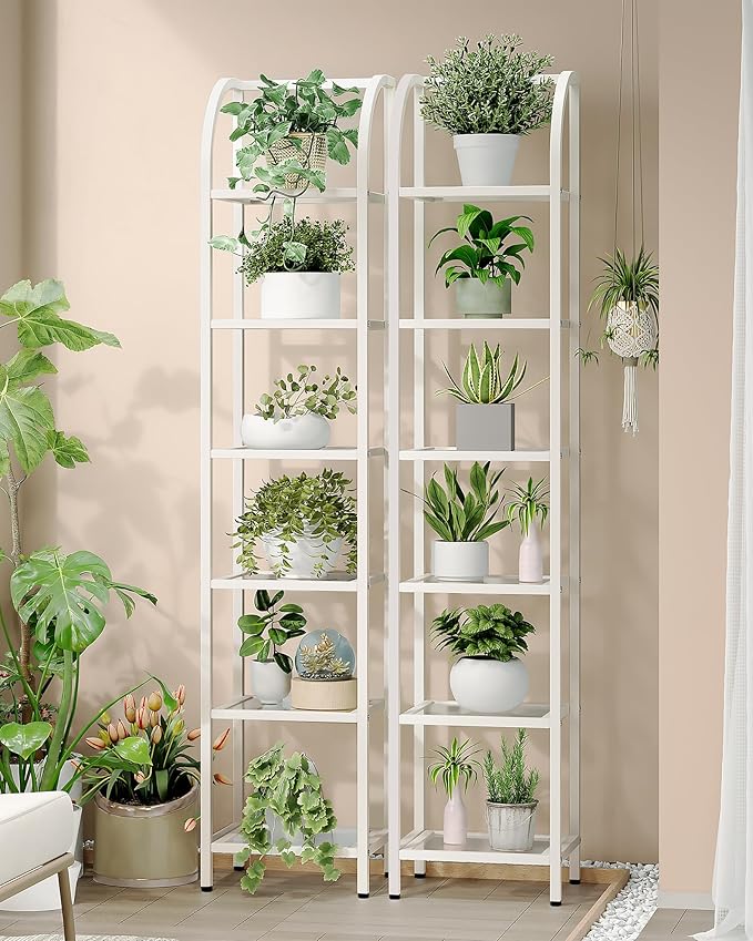 Hzuaneri Bookcase Bookshelf, Tempered Glass Arched Bookshelf for More Storage, Slim Shelving Unit for Bedroom, Bathroom, Home Office, Steel Frame, 6 Tier White BC20699W