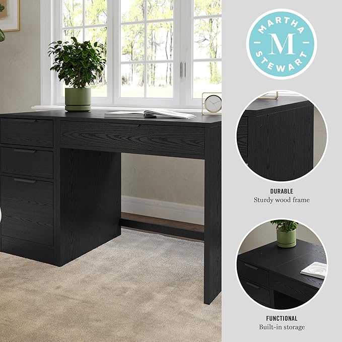 Martha Stewart Kayden Home Office Modular Desk with Drawer and 3 Drawer File Cabinet in Black with Oil Rubbed Bronze Hardware