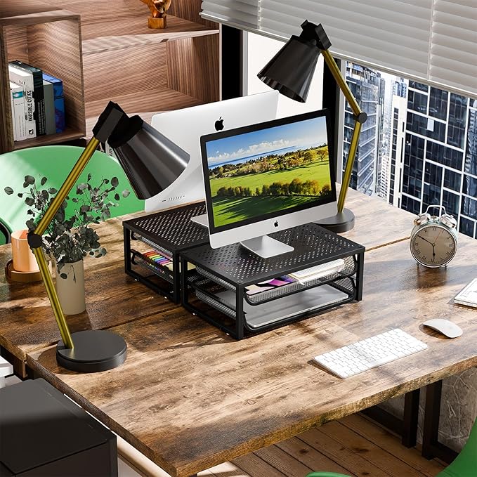 Ekisemio 2 Pack Desk Organizer and Accessories, 2-Tier Metal Computer Monitor Stand Riser with Drawer, Desk Accessories & Workspace Organizers for Home Office Supplies, Black
