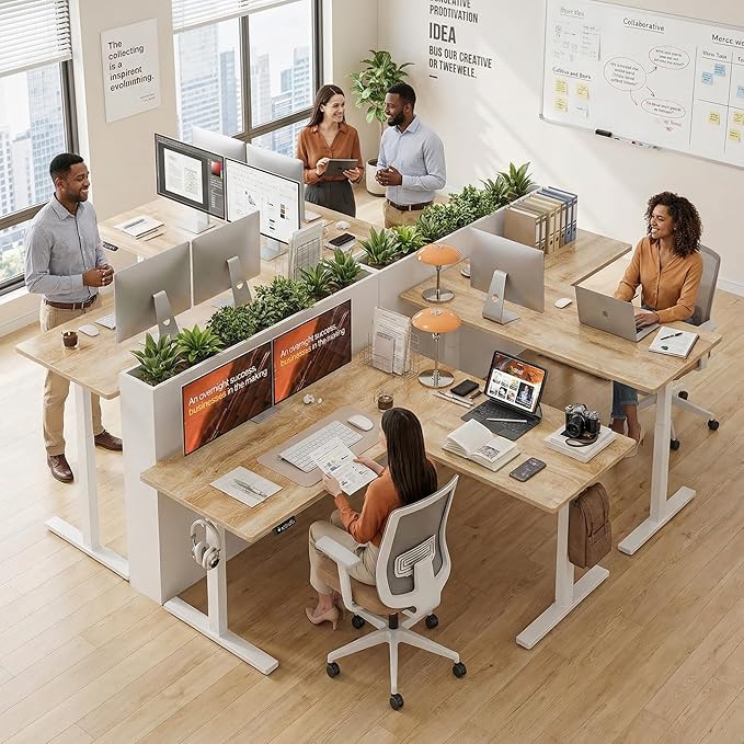 Grandder 75 x 61 Inch L Shaped Standing Desk, Electric Height Adjustable Corner Stand Up Desk, Sit Stand Corner Table Home Office Table, Oak Top White Frame