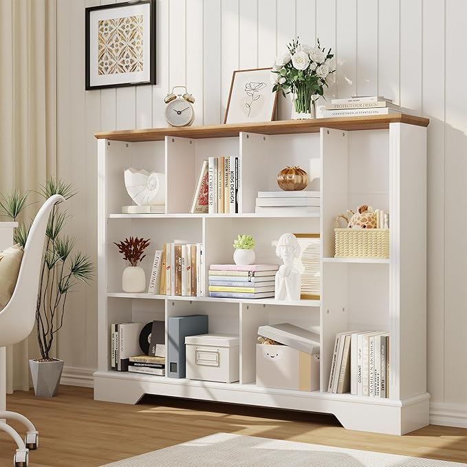 10-Cube Storage Organizer Bookshelf, 4-Tier Wooden Bookcase with Adjustable Shelf, Sturdy Cube Storage Shelf for Small Spaces, Modern Low Profile Shelving Unit for Living Room & Bedroom