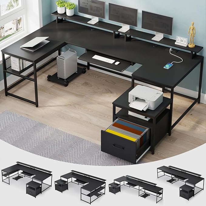 SEDETA U Shaped Gaming Desk,101.5''Reversible L Shaped Home Office Desk with Drawer & Power Outlet,Computer Two Person Desk with Monitor Shelf, Keyboard Tray, Black
