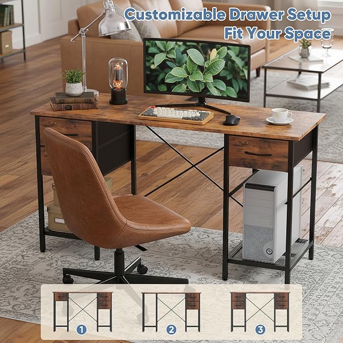 DUMOS Computer Desk with 4 Drawers Home Office Table with Mesh Shelf for Work Study Writing Gaming Storage Furniture for Bedroom,55 inch Rustic Brown