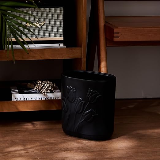Black Ceramic Tulips Small Bathroom Trash Can 2.6 Gal (10 Liter) - Heavy & Decorative Garbage Bin for Bathroom, Kitchen, Office, Bedroom & Living Room Corner