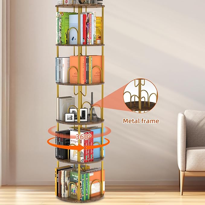 5 Tier Rotating Bookshelf, 360° Spinning Bookshelf Tower, Narrow Corner Book Shelf, Revolving Bookcase Corner Tall Book Shelf for Small Spaces, Bedroom, Living Room, Gold