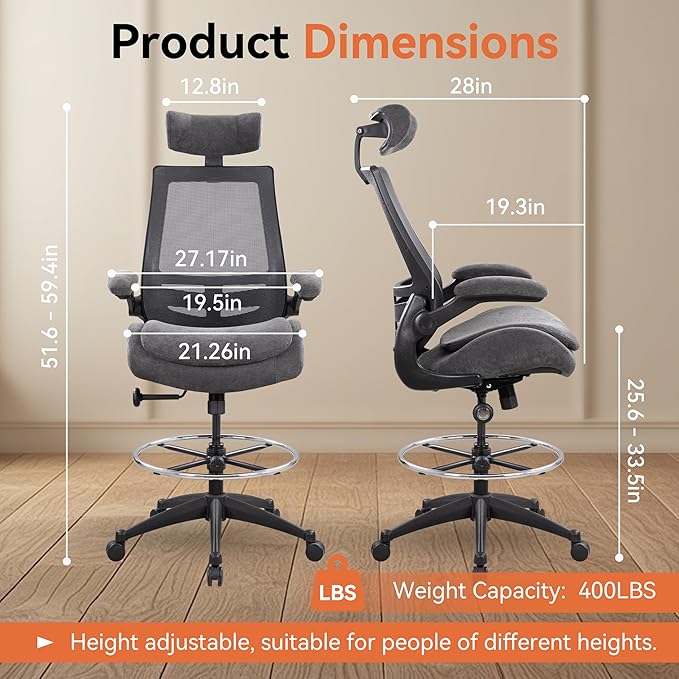 Ergonomic Drafting Chair Tall Office Chair for Standing Desk - 400lbs Mesh Computer Stool with Adjustable Footring, Dual Seat Cushion, and Space-Saving Flip-Up Arms for Counter Height Work