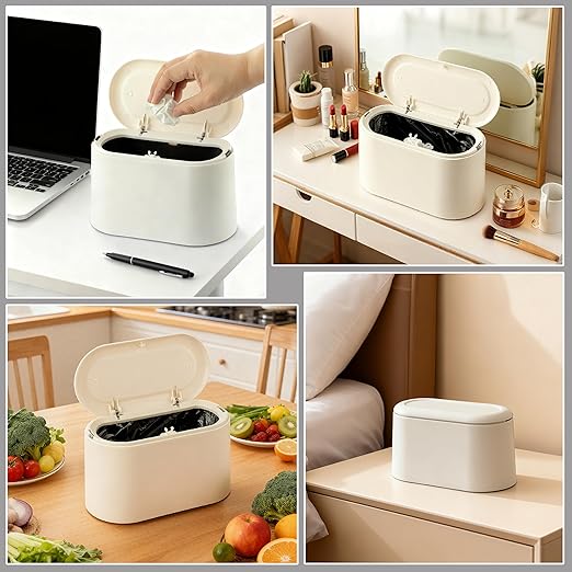XZZWLL Mini Trash Can for Desk, Tiny Plastic Countertop Garbage Can with Lid, Easy to use and Keep Desktop Clean for Vanity, Bedside, Bathroom and Kitchen with 3 Rolls Trash Bags