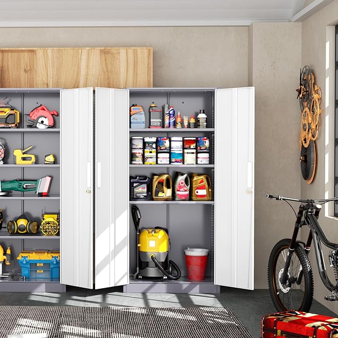Greenvelly Metal Storage Cabinet,72” Metal Cabinet Storage with Doors and 4 Adjustable Shelves,Tall Storage Cabinet for Home,School,Gym(Grey White)
