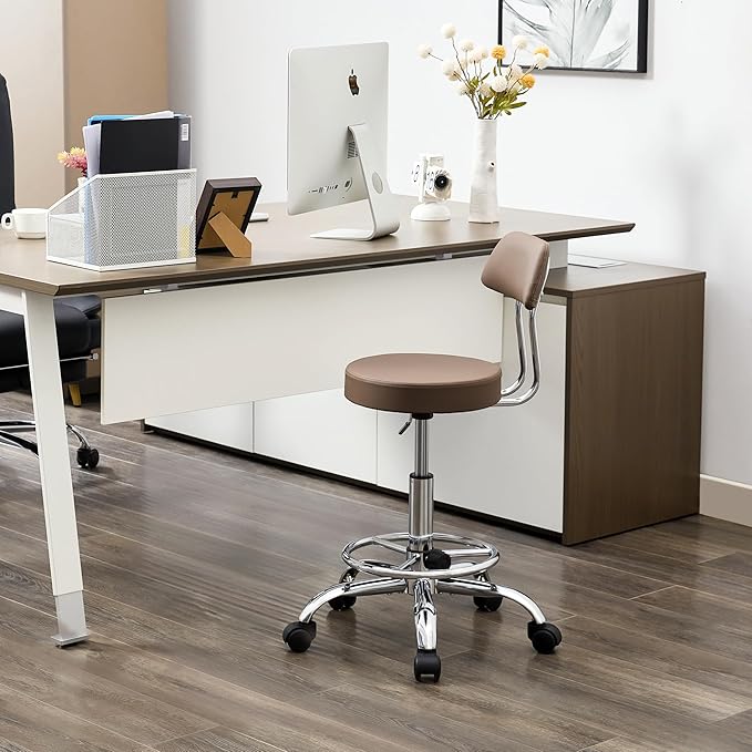 FIRAVOE Office Drafting Chair (Rolling Office Stool) (Adjustable Height Footrest Massage Chair 19.5"-26.6") Lab Stool with Back (Coffee Brown)