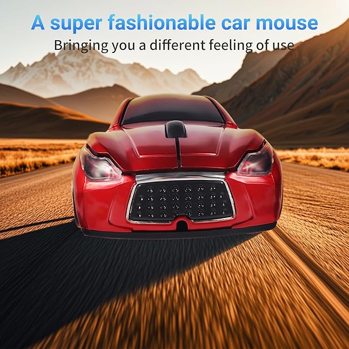 Elec Space Wireless Car-Shape Mouse With LED Headlights, 2.4G Unique for Kids, USB Receiver, 1600 DPI Cool Gaming for Laptop PC Computer-Red
