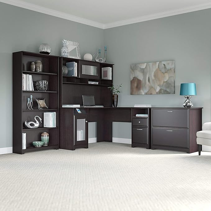 Bush Home Cabot L Shaped Desk with Hutch, Corner Desk with Storage for Home Office in Espresso Oak, 60W L Shaped Computer Desk