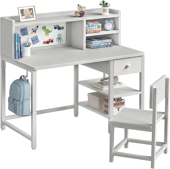 BOLUO Grey Kids Desk and Chair Set for 6-12 Year Old, Children Study Desk with Hutch and Storage Shelf, Student Writing Table with Fabric Drawer for Girls Boys
