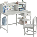 BOLUO Grey Kids Desk and Chair Set for 6-12 Year Old, Children Study Desk with Hutch and Storage Shelf, Student Writing Table with Fabric Drawer for Girls Boys