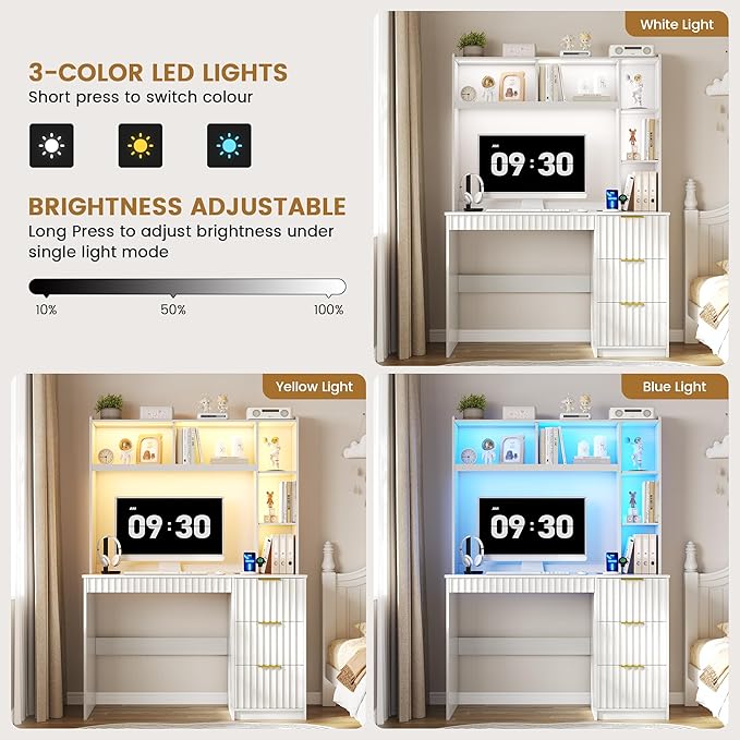 Lvifur LED Study Desk - with Hutch & Storage Cabinet,Home Office Desk with Outlet and 3 Color LED and Card-Based Lock,Writing Desk Computer Desks for Studyroom,Ideal for Office Set,White
