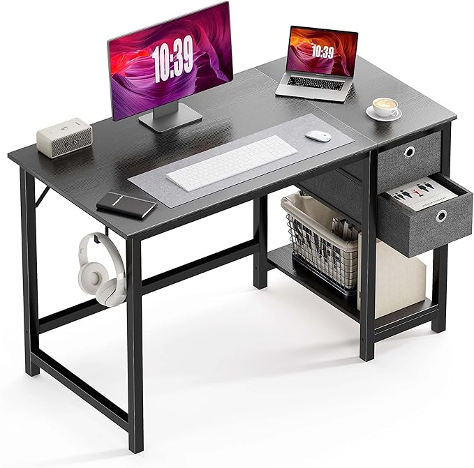 GIA 40'' Home Office Desk and Office Chair Set,Compact Writing Desk with 2-Tier Storage Drawers, Black Wood Computer Desk and Mesh Chair with Fixed Armrests and Soft Foam Seat Cushion for Small Spaces