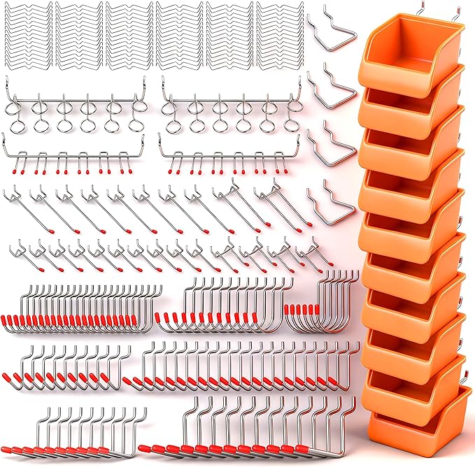HORUSDY 238 PCS Pegboard Hooks Assortment Kit – 16 Types Heavy Duty Pegboard Accessories with Bins – Fits 1/8 & 1/4 Inch Pegboard Metal Hooks for Garage, Workshop, and Tool Storage Organization
