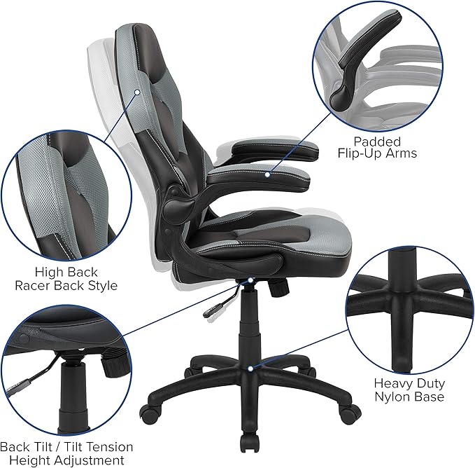 Flash Furniture Black Gaming Desk and Gray/Black Racing Chair Set with Cup Holder, Headphone Hook, and Monitor/Smartphone Stand
