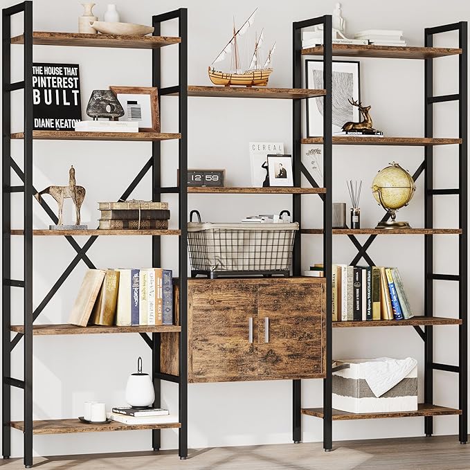 INNOD 70" Triple 5 Tier Book Shelf, Large Industrial Bookcase with Storage Cabinet, Tall Bookshelf with Open Display Shelves Furniture for Living Room Bedroom Home Office Rustic Brown