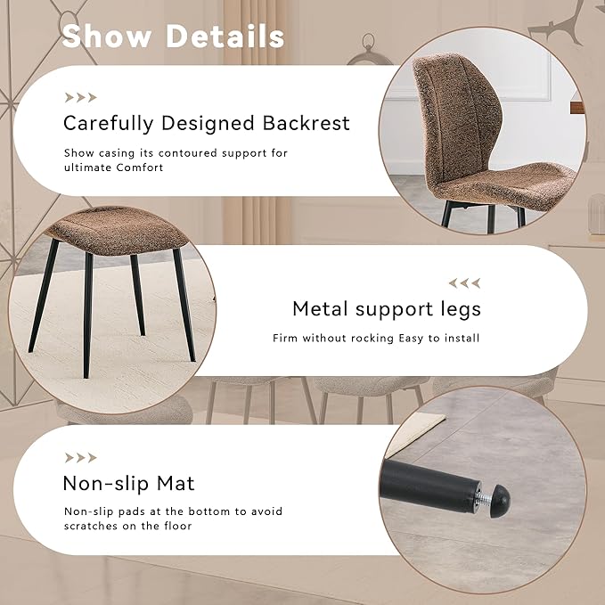 4 sets of retro and minimalist brown fabric dining chairs with spacious and comfortable cushions.Black metal legs and adjustable feet, suitable for dining room, study & office ,etc. Precise dimensio