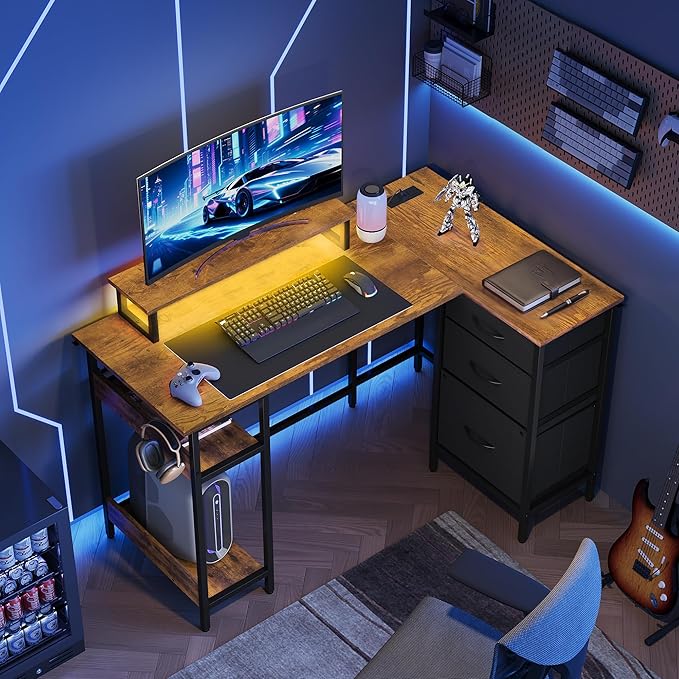 DEVAISE L Shaped Desk with Drawers and Storage, L Shaped Office Desk with Power Outlets, CPU Stand, Monitor Stand, Gaming Table with LED Light, Corner Desk for Home Office (Rustic Brown, 48*31 Inch)