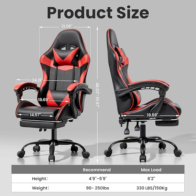 Gaming Chair, Ergonomic Computer Chair with 90°-150° Reclining Backrest & Footrest, Headrest & Lumbar Support, 360° Swivel Height Adjustable Desk Chair, High Back for Adults