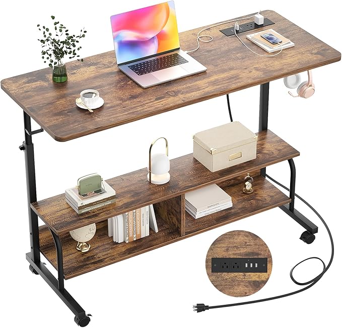 Armocity Rolling Standing Desk with Power Outlets, 47" Manual Height Adjustable Mobile Computer Desk with Wheels, Portable Sit Stand Laptop Couch Table for Bed & Sofa Home Office, Rustic Brown
