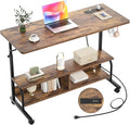 Armocity Rolling Standing Desk with Power Outlets, 47" Manual Height Adjustable Mobile Computer Desk with Wheels, Portable Sit Stand Laptop Couch Table for Bed & Sofa Home Office, Rustic Brown