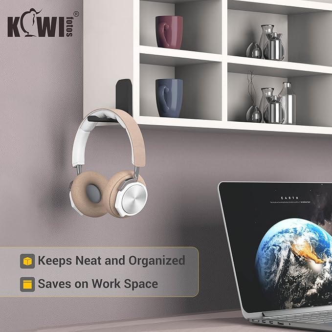 KIWIFOTOS Adhesive Desk Headphone Hanger, Foldable PC Gaming Headset Holder Stand, Adhesive Holder Mount for Wall, Headphones Hook Mount Under Desk - Black