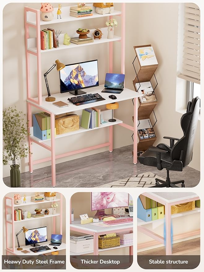 Aquzee Computer Desk with Hutch, 40“W x 19.6" D Desk with Shelves, Tall Home Office Desk with Bookshelf, Metal Legs Study Table with Upper Storage Shelf for Study Writing/Workstation, Pink