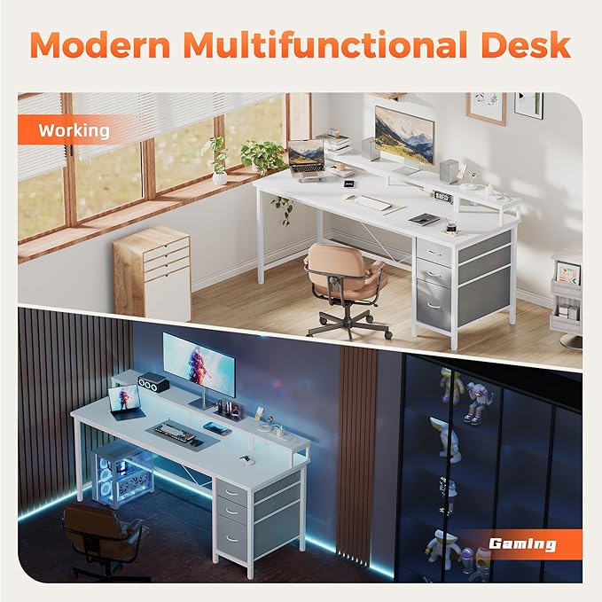 Mericonia Computer Desk 63 inch with Power Outlets & LED Lights, Gaming Desk with 3 Drawers for Home Office, Small Desk with Monitor Stand for Small Spaces, Study Writing Desk
