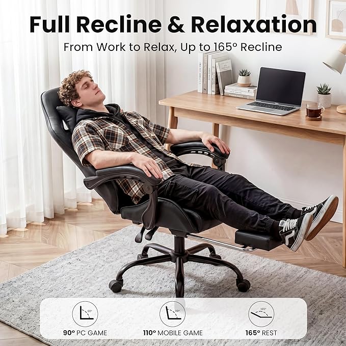 Ergonomic Gaming Chair, Desk Chair with Headrest & Lumbar Support, 90°-150° Reclining Backrest & Footrest, 361° Swivel Height Adjustable Computer Chair, High Back for Adults