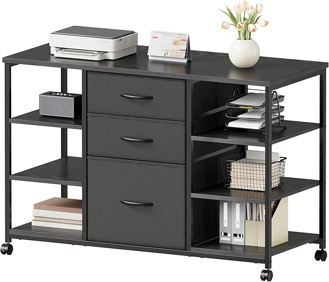YeTom Mobile File Cabinet,Lateral Filing Cabinet with 3 Fabric Drawers,Rolling Printer Stand with 4 Open Storage Shelf for Home Office,Black