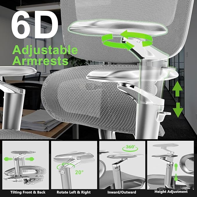 Ergonomic Office Chair with Footrest,High Back Mesh Desk Chair,Lumbar Support & 90-135°Recline,3D Headrest & 6D Armrests,Swivel Computer Chair for Home Office, Work & Gaming 1Pack