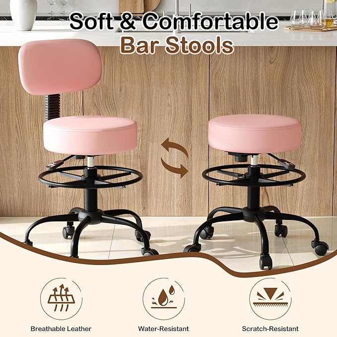 Drafting Chair with Back Support, Adjustable Foot Rest Rolling Stool, 360° Swivel Office Desk Chair with Wheels, Thick Seat Cushion for Home Bar Salon Tattoo Shop (2, Pink)