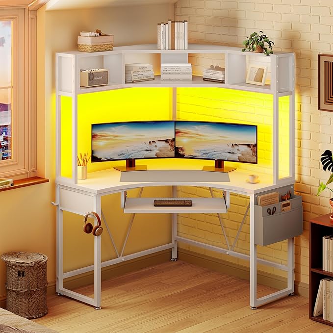 SEDETA Corner Desk, Small Computer Desk with Hutch & LED Lights, Triangle Corner Computer Desk with Keyboard Tray, Storage Bag, and Headphone Hook for Small Space, Home Office Desk, White