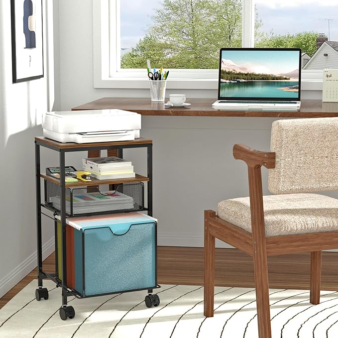 BOHDK Rolling File Cart with 2 Storage Drawers, Wood & Mesh Hanging File Folder Organizer with Wheels Under Desk, File Cabinets for Home Office, 14.7" L x 11.8" D x 25.3" H