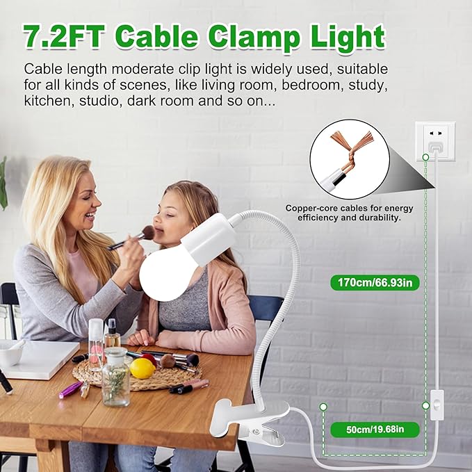 Clip on Desk Lamp, White Clip Lamp Holder with 220 CM Switch and Plug Cable, Clamp Light Socket with Metal Clamp, 9-350 MM Thickened Lengthened Gooseneck Light, E27 Lamp Holder, for Home Office