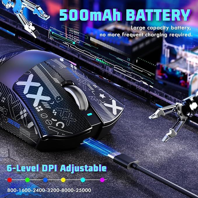 MAMBASNAKE Attack Shark V3 Wireless Gaming Mouse,Adjustable 25K DPI PAW3311 Optical Sensor,Ergonomic Lightweight 5 Programmable Buttons 500mAH Battery,2.4G/BT/USB-C Wired for PC/Mac-Black&Griptape
