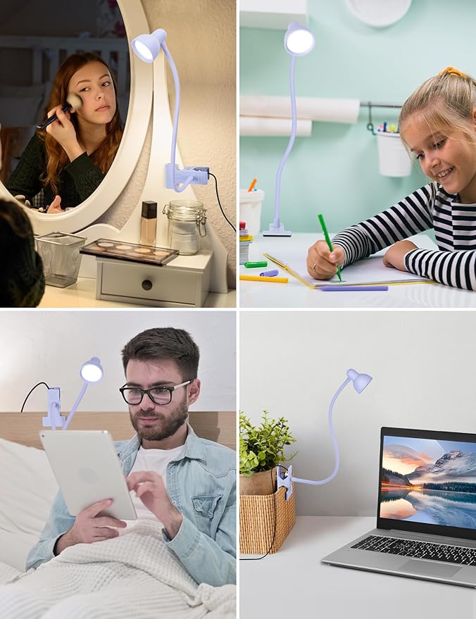 LiFMIRA Clip on Lamp USB Reading Light, 3 Color Modes, 10 Brightness Dimmable, Flexible Gooseneck Desk Lamp with Clamp, Eye Care Clip on Light for Bed Headboard Desk Home Dorm