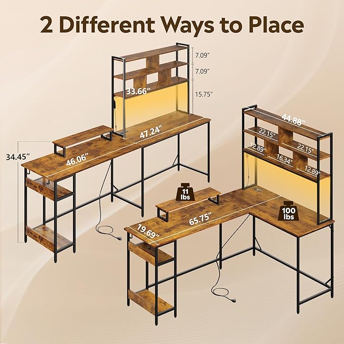 DEVAISE L Shaped Gaming Desk with Hutch, Reversible Computer Desk with LED Light, 3-Tier Shelves, 2 AC+2 USB Outlet and Monitor Stand, Corner Desk with Storage for Home Office (Rustic Brown, 66 Inch)