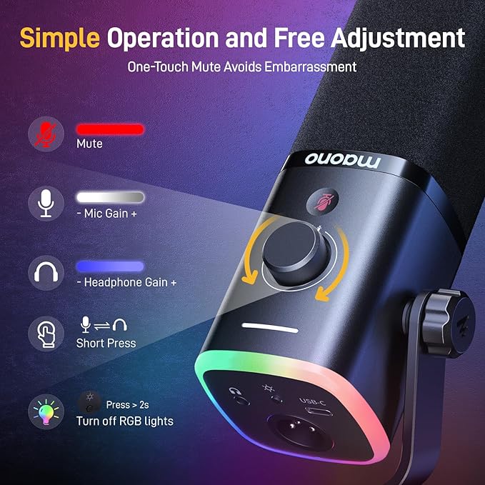 MAONO USB/XLR Dynamic Microphone for PC with 6FT XLR Cable, Computer Streaming Gaming Mic with RGB Light, Mute Button, Headphones Jack,Desktop Microphone Bundle for Podcast Recording
