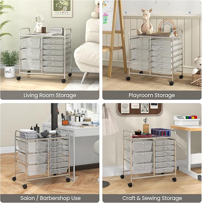 Moccha 9-Drawer Rolling Storage Cart - Under Desk Storage Drawers with wheels for Craft Art Supply Paper Salon, Scrapbook Paper Tools, Mobile Utility Cart for Classroom, Clear