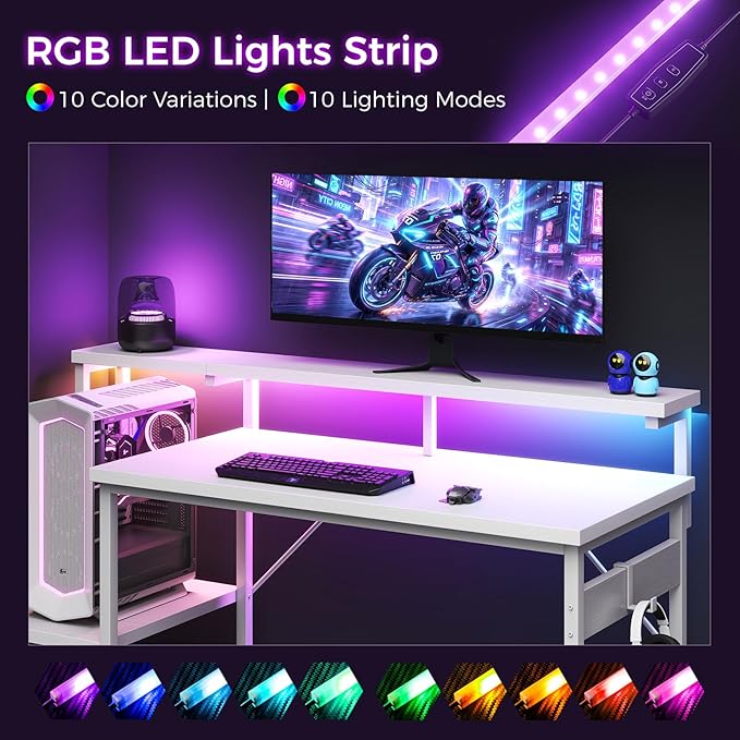 AODK Gaming Desk, 48 Inch Computer Desk with Led Lights, Office Desk with PC Tower Stand, Reversible Desk with Monitor Shelf & Headphone Hook, White