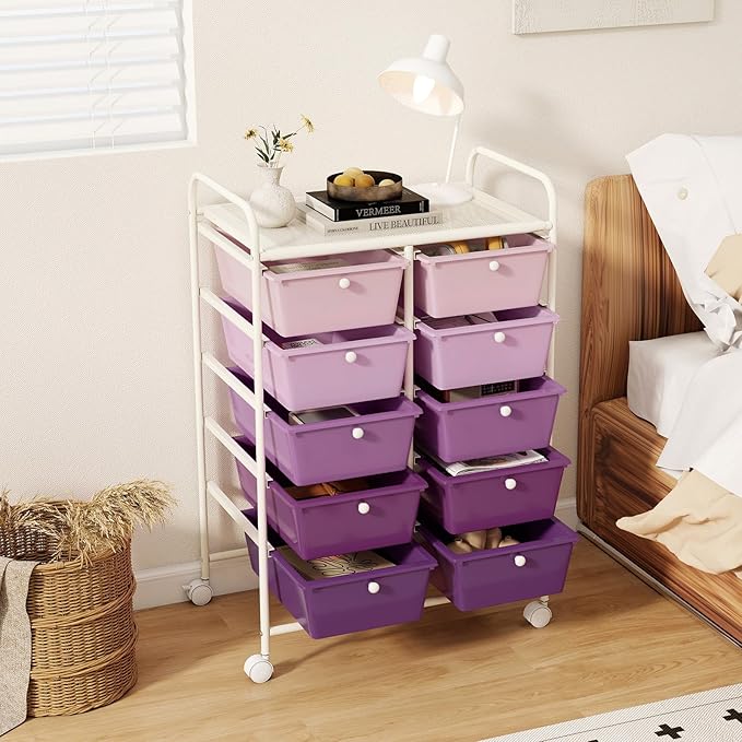 Moccha 10-Drawer Rolling Storage Cart - Under Desk Storage Drawers with wheels for Craft Art Supply Paper Salon, Scrapbook Paper Tools, Mobile Utility Cart for Classroom, Gradient Purple