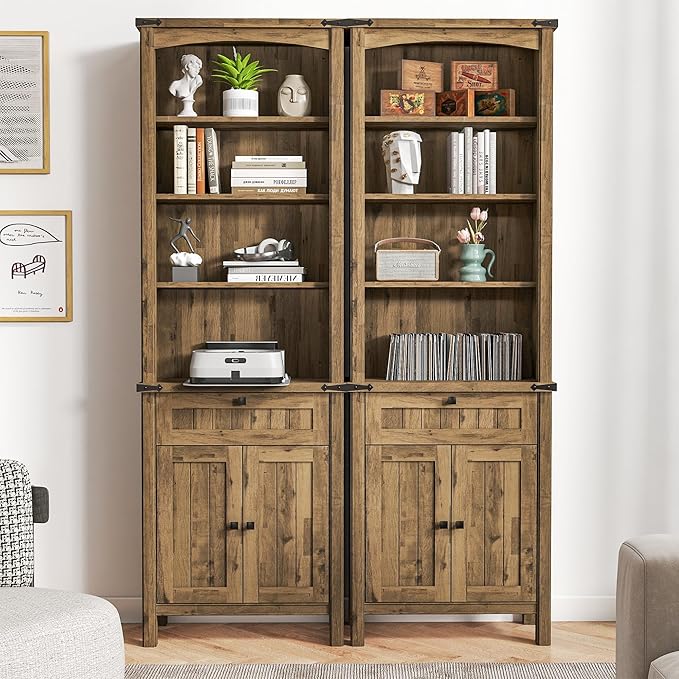 Farmhouse Lateral File Cabinet 2 Drawer and 71" Tall Bookcases Sets, 46" Filing Cabinets with Power Outlets & Storage Shelf, 3 Pcs Home Office Furniture Set (Light Brown, 46" F.C.+B.C.x2)