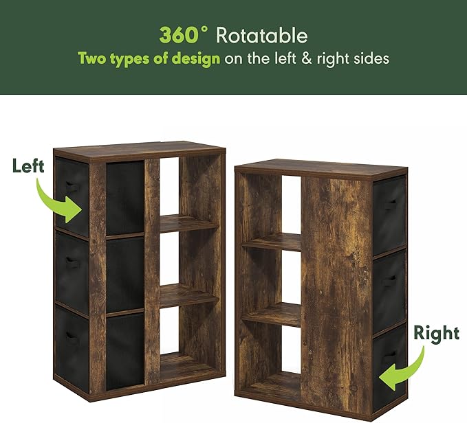 Furinno Viola Book Shelf, 3-Tier Bookshelf, Cube Storage Organizer Bookcase with Open Shelf, with Storage Bins, 13.6 x 29.3 x 43.8, for Living Room, Bedroom, Home Office, Amber Pine/Black