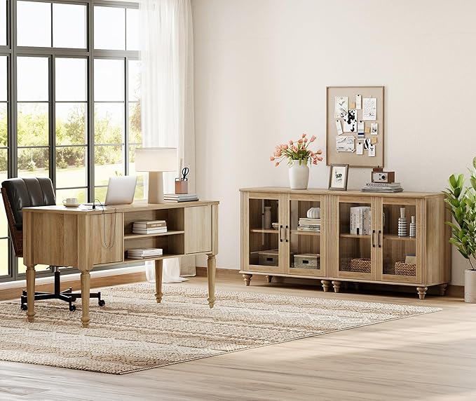 WAMPAT Home Office Furniture Set, 56'' Executive Desk with Charging Station, 2-in-1 Cabinet with Glass Doors, Wood Computer Desk with File Cabinet Storage, Open Shelf, Oak