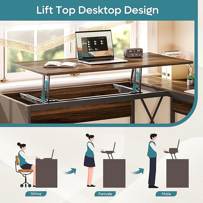 Bestier L Shaped Standing Desk with Lift Top, 55" x 55" Standing Corner Desk for Home Office, Computer Desk with Reversible File Drawer and Monitor Stand, Walnut